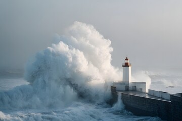 Dramatic scene of a resilient lighthouse and small building being engulfed by powerful, towering waves during a fierce storm