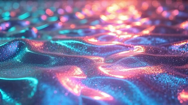 Dynamic flowing liquid surface with vibrant neon lights and shimmering particles creating an abstract, mesmerizing motion backdrop for futuristic themes