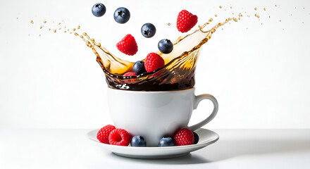 Flavor Explosion: Fresh raspberries and blueberries create a dynamic crown splash in a white cup of tea on a clean background.