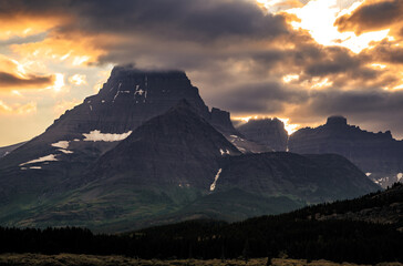 Stunning Sunset on the Mountains of Glacier above Swiftcurrent Lake, Many Glacier, Glacier National Park, Montana