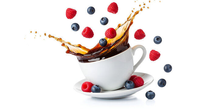 Dynamic Coffee Splash with Fresh Berries. A vibrant explosion of coffee with falling raspberries and blueberries in a white cup, isolated on a white background. - Powered by Adobe