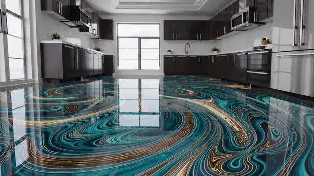Innovative epoxy floor design in modern kitchen with vibrant colors and patterns.