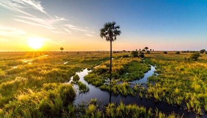 African Sunset Landscape Serene Okavango Delta Botswana.