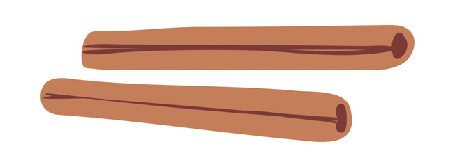 Two cinnamon sticks isolated on transparent. Hand drawn flat vector illustration. Traditional holiday food, sweets, Christmas, New Year, seasonal design element, clip art