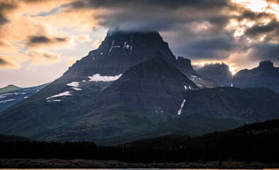 Stunning Sunset on the Mountains of Glacier above Swiftcurrent Lake, Many Glacier, Glacier National Park, Montana
