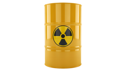 Caution yellow barrel with radioactive symbol for industrial safety, energy production, science experiments, and potential environmental hazards, globally