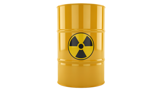 Caution yellow barrel with radioactive symbol for industrial safety, energy production, science experiments, and potential environmental hazards, globally