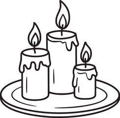 Three burning candles with dripping wax on a plate vector
