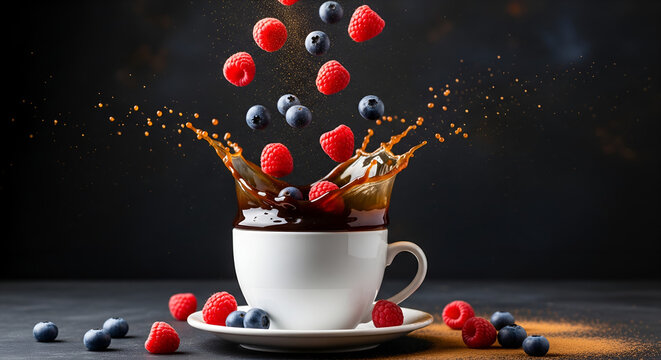 Explosion of Flavor: Dynamic splash of fresh raspberries and blueberries falling into a white cup of coffee or hot chocolate against a dark background.