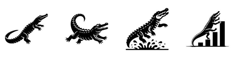 Modern Minimalist Alligator Icon, Flat Silhouette of a Full Body Climbing a Riverbank Vector for Wildlife Illustration Design