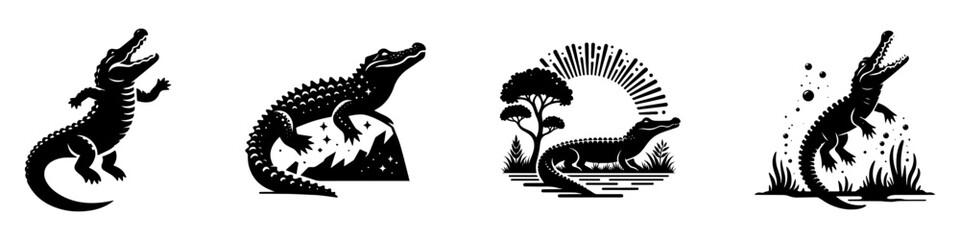 Modern Minimalist Alligator Icon, Flat Silhouette of an Alligator Resting and Sunbathing Vector for Wildlife Illustration Design