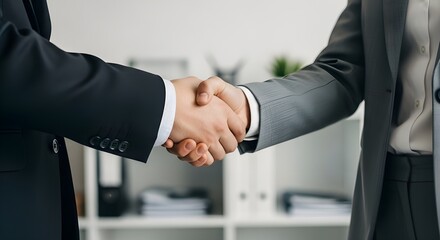 Business handshake between two people in suits, close-up view.