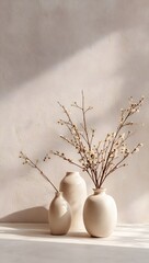 Still life of two beige vases with dried plants in a minimalist room with natural light and shadows