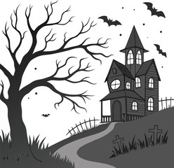 Haunted house silhouette with witch bats and howling wolf halloween halloween home silhouette black vector