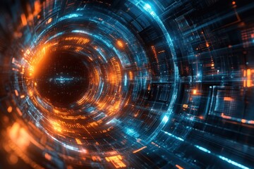 A futuristic tunnel of glowing blue and orange lights conveys a sense of motion and energy