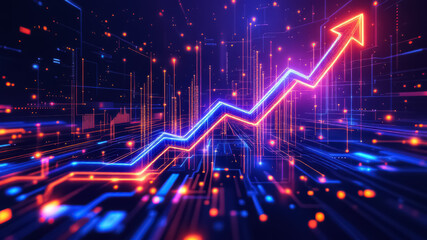 Illustration of a business arrow showing upward growth line and circuit technology