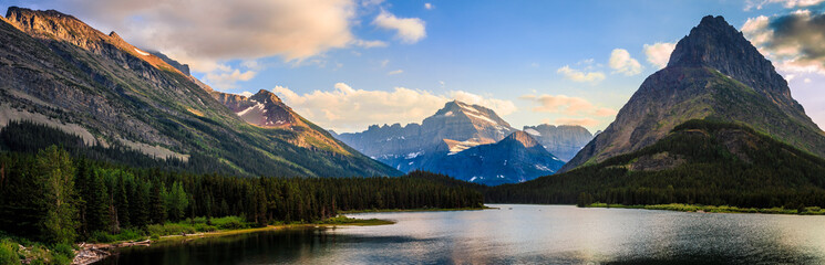 Panoramic Sunset on the Mountains of Glacier above Swiftcurrent Lake, Many Glacier, Glacier National Park, Montana