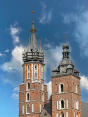 Fototapeta premium Closeup of St Mary's church twin towers, Gothic basilica in Krakow, Poland
