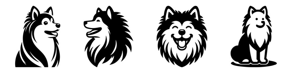 Fototapeta premium Modern Minimalist American Eskimo Dog Head Laughing Icon, Flat Silhouette of a Fluffy Pet Vector for Animal Illustration Design