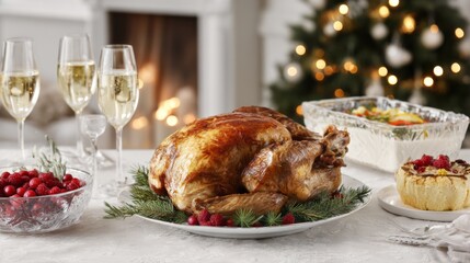 Christmas dinner table set with roasted turkey, cake, and festive decorations in a cozy holiday setting