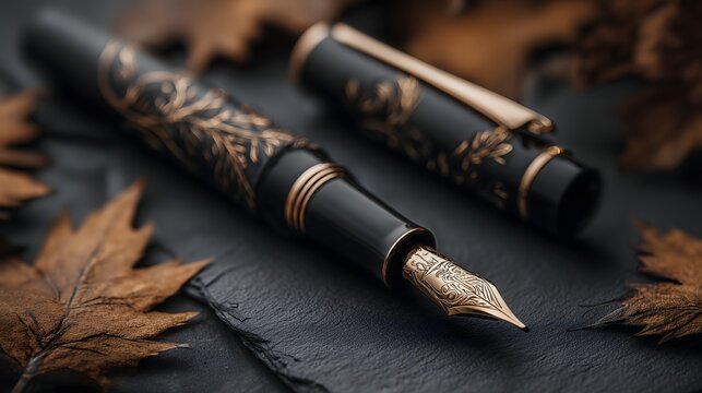 Luxury Black Fountain Pen with Gold Details on Dark Background. Generative AI