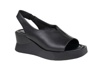Elegant Black Leather Wedge Sandal with Peep-Toe Design for Fashionable Summer Style