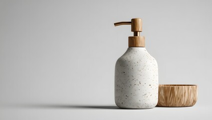 Elegant White Terrazzo Soap Dispenser with Wooden Pump and Base for Modern Bathroom or Kitchen Decor