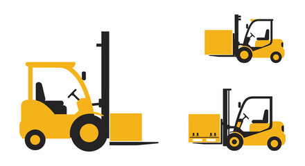 Yellow forklift trucks lifting cargo boxes in different perspectives shown