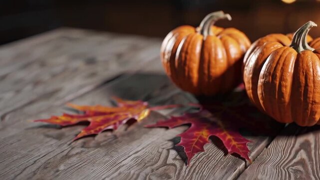 Two pumpkins on wooden table with autumn leaves and bokeh lights in cozy fall setting.