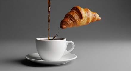 Surreal Morning Ritual: Dynamic pour of hot coffee splashing into a white cup with a magically levitating golden croissant on a minimalist grey background.