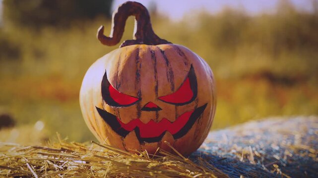 close-up orange carved pumpkin evil Jack o Lantern lying on stack of straw. halloween decor holiday concept harvest pumpkins Thanksgiving Day. Mystery creepy multicolored flowers ripe yellow field 4k