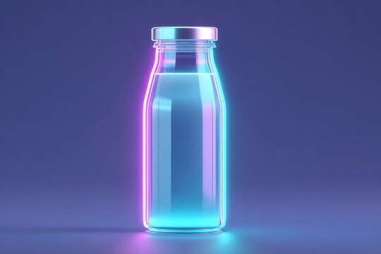 Shimmering milk bottle illuminated with neon blue and pink hues,