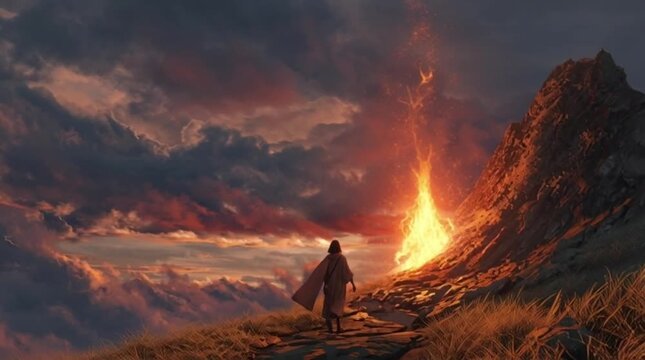 A lone figure stands on a rocky path, gazing at a large bonfire atop a mountain peak under a dramatic, cloudy sunset sky with fiery orange and deep blue hues, evoking a sense of adventure and mystery
