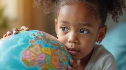 Fototapeta premium Close-up of a curious child looking thoughtfully at a globe, symbolizing awareness and global understanding 