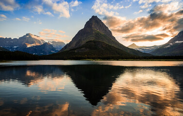Sunset Reflections of Mountains of Glacier above Swiftcurrent Lake, Many Glacier, Glacier National Park, Montana