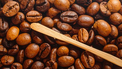 Close-up of roasted coffee beans with a wooden spoon.