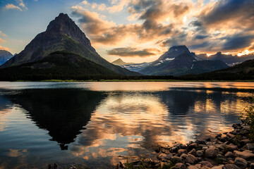 Sunset Reflections of Mountains of Glacier above Swiftcurrent Lake, Many Glacier, Glacier National Park, Montana