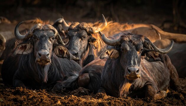 A group of cape buffalo resting in the warm sunlight, their dark hides gleaming under the golden light.