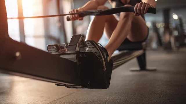 Focused view of female athlete using rowing machine in contemporary fitness center, highlighting toned legs, workout gear, and dynamic movement, symbolizing strength, endurance, and wellness trends
