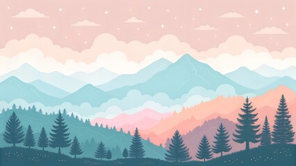Fototapeta premium Pastel mountain range landscape with pine trees and cloudy sky with scattered stars above it all