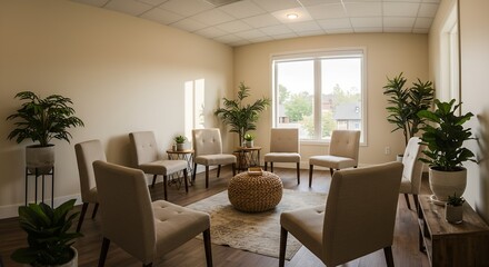 Modern and inviting group therapy room designed for peaceful counseling sessions with comfortable chairs and lush green plants