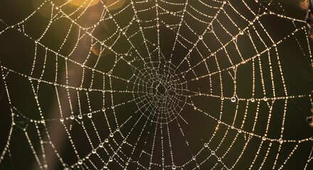 Experience the magical wonder of a glistening spiderweb adorned with delicate morning dew drops, sparkling brilliantly against a dark, natural background.