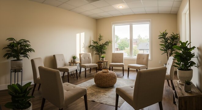 Modern and inviting group therapy room designed for peaceful counseling sessions with comfortable chairs and lush green plants - Powered by Adobe