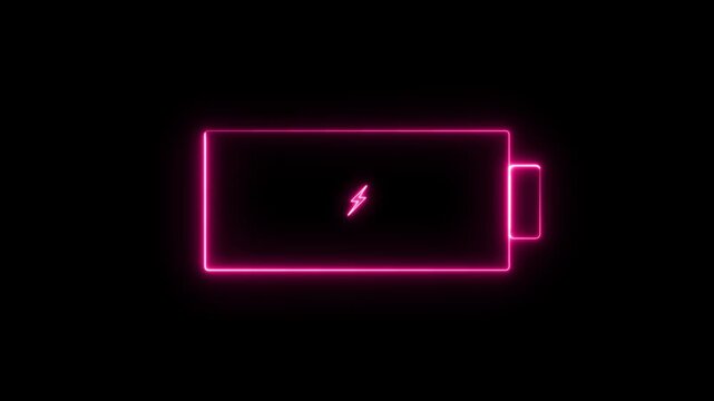 Glowing neon battery icon animation with red lightning blinking bolt. battery icon animation with black background-