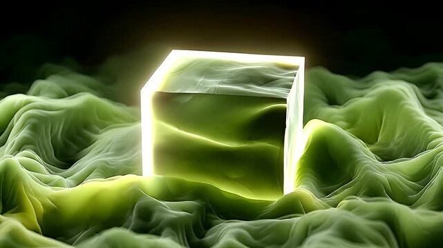 Glowing green cube emerges from abstract, flowing, textured landscape