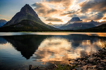 Sunset Reflections of Mountains of Glacier above Swiftcurrent Lake, Many Glacier, Glacier National Park, Montana