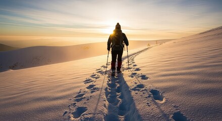 A lone hiker with trekking poles walks up a snowy mountain slope towards the golden sunrise, leaving footprints in the snow.