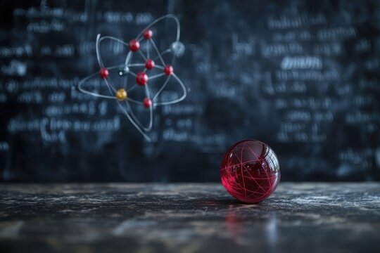 Red sphere and floating atom model in a science classroom with chalkboard equations - Powered by Adobe