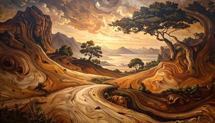 Dreamlike surrealist painting of a winding path through a golden landscape.