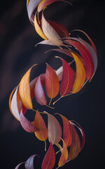 Autumn leaves twisted into a vibrant spiral against a dark background
